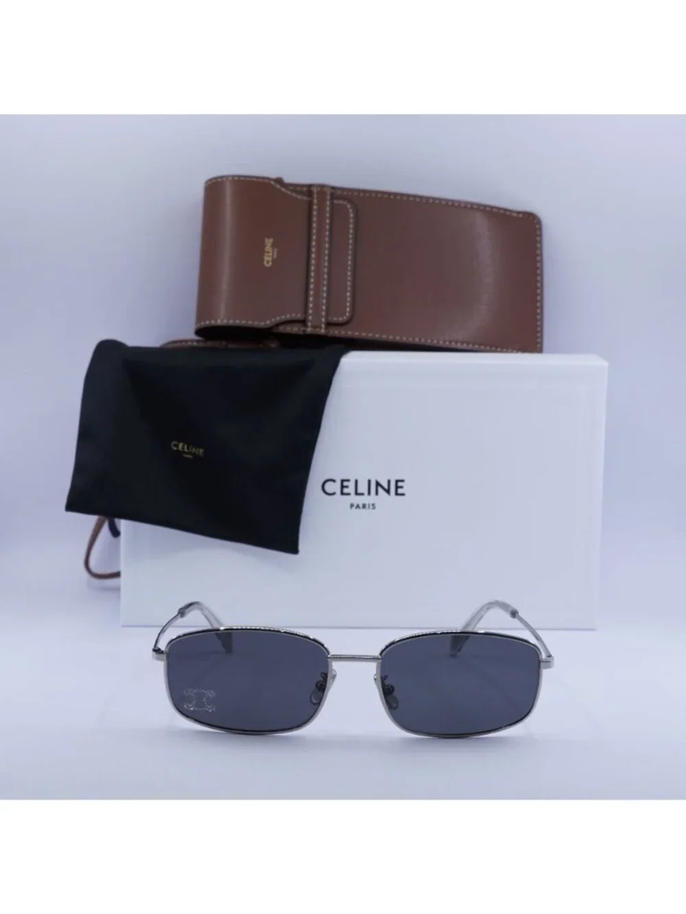 Celine CL40285U RHINESTONE TRIOMPHE 16A Rectangle Sunglasses - Palladium / Grey